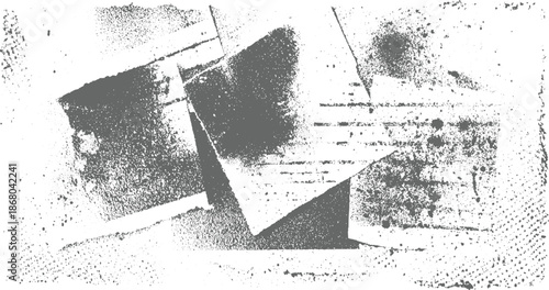 Dynamic abstract arrangement of layered distressed paper shapes with varied textures and scattered ink dots, suggesting a collage effect