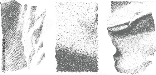 Trio of abstract textured panels featuring organic patterns, fine speckles, and rough edges, unique background