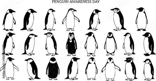 Penguin Awareness Day Black and White Line Art Vector Set. Collection of Diverse Penguin Species in Various Poses for Wildlife Education and Animal-Themed Graphics.