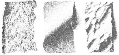 Abstract textured monochrome patterns created with stippling technique showcasing organic and geometric forms with rough edges and varied density