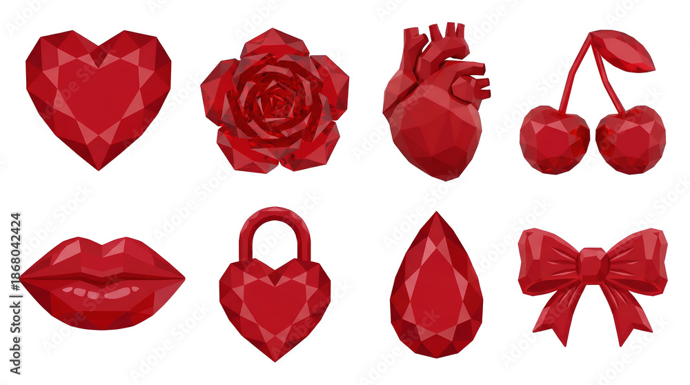 Fototapeta premium Red ruby gemstone set including heart, rose, anatomical heart, cherry, lips, lock, drop, and bow shapes isolated. Luxury jewelry and romantic symbol collection.