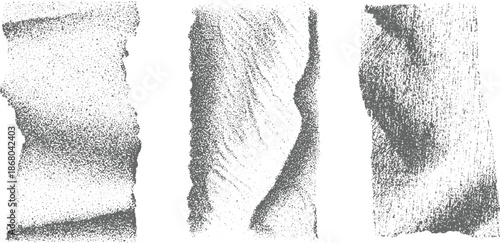 Abstract stippled textures and torn paper edges in monochrome gray and white, creating a raw, organic feel for and artistic backgrounds