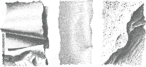 Set of abstract stippled textures and torn paper edges in grayscale, offering a distressed, gritty aesthetic for creative backgrounds and overlays
