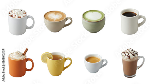 Wallpaper Mural Hot beverage set including coffee, espresso, matcha latte, hot chocolate with marshmallows, and herbal tea isolated. Café drink collection. Torontodigital.ca