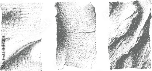 Abstract stippled textures resembling sand dunes or fabric folds in monochrome gray, offering a natural, organic feel for backgrounds and