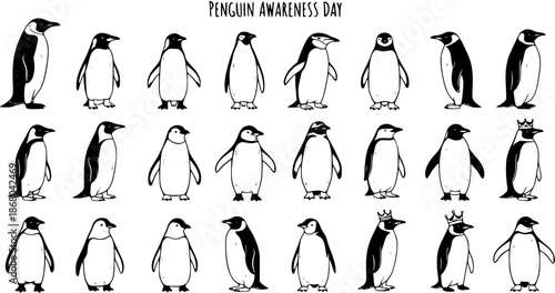 Black and White Hand-Drawn Line Art Collection of Penguins in Various Poses for Penguin Awareness Day. Cute Wildlife Bird Illustrations Set.