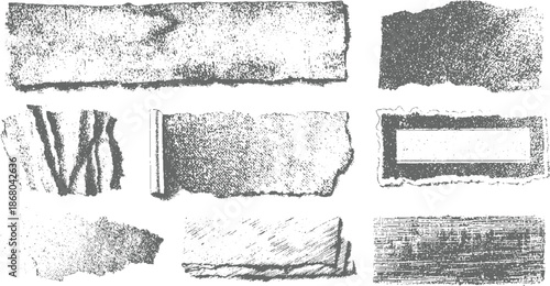 Collection of distressed torn paper textures with rough edges and varied surface patterns offering grunge artistic backgrounds for creative projects