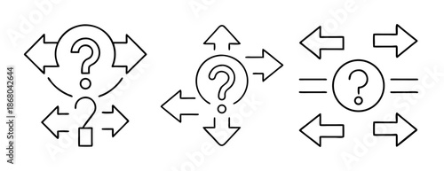 Question marks surrounded by arrows showing multiple directions