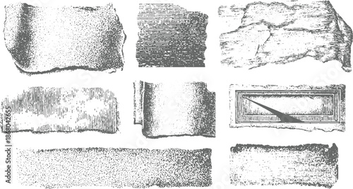 Set of vintage torn paper featuring detailed line work and textured surfaces retro and artistic collage applications