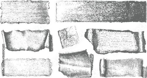 Assortment of distressed paper textures including torn edges and subtle grunge effects adding a vintage or artistic touch to