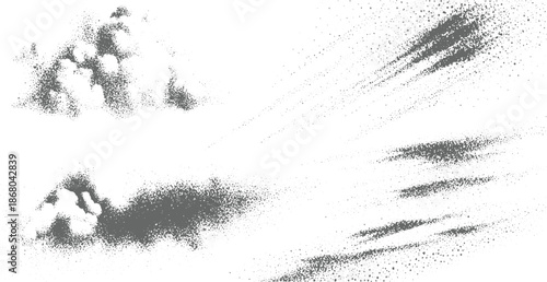 Abstract stippled cloud-like shapes and dynamic streaking lines in monochrome gray, offering textured visual for creative projects