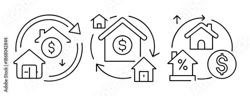Real estate finance, property investment, and mortgage cycle icons
