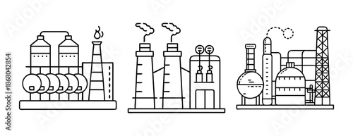 Industrial factories, power and chemical refinery line art icon