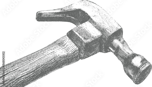 Full view stippled of a classic hammer with a wooden handle and metal head rendered with detailed linework and dot texture
