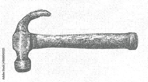Vintage claw hammer tool with textured handle and head rendered in a grayscale style on a dotted background, evoking a sense of craftsmanship and retro