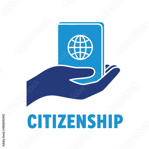 Citizenship Document in Hand with Global Symbol in Soft Blue Color on White Background for Identity Verification