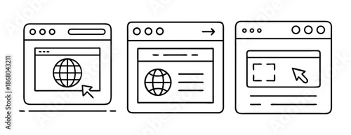 Global internet browsing and web content development line icons