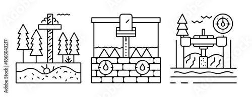 Natural resource extraction, processing, and management line art