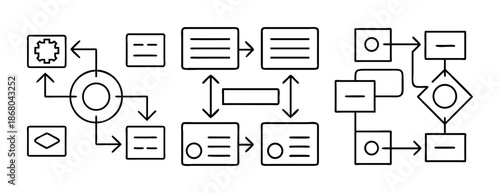 Abstract data flow process with connected system component icons