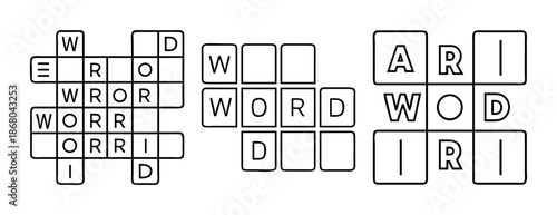 Black and white word puzzles with letters filling grid boxes. brain game.