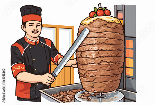 Professional employee demonstrating mastery at the doner stove with a large meat doner.