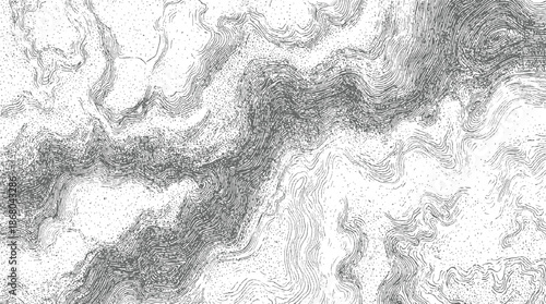 Intricate topographic map lines and stippled textures creating a detailed abstract pattern with organic flowing contours and a sense of depth and movement