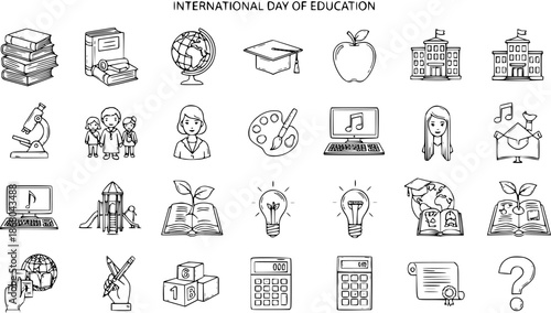 International Day of Education - Black and White Line Art Icons for Learning and School