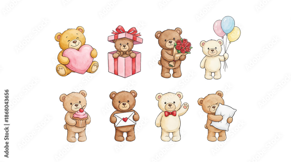 Fototapeta premium Cute teddy bear set including characters with heart, gift, flowers, balloons, cupcake, letter, and pillow isolated. Watercolor nursery illustration collection.