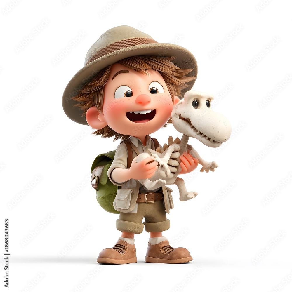 Fototapeta premium Round and chubby 3d cartoon paleontologist holding a dinosaur bone fossil illustrating history and archaeology science professions