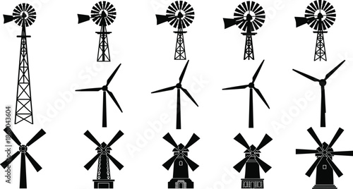 Windmill silhouette, wind turbine vector, black icon, renewable energy, traditional mill, graphic, illustration, power source, rural, technologyWindmill silhouette, wind turbine vector, black icon