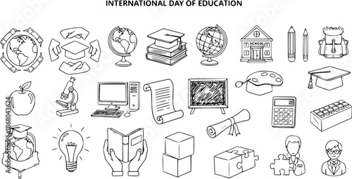 International Day of Education black and white line art icons: globes, books, graduation caps, school supplies, computer, microscope, apple, chalkboard, art palette