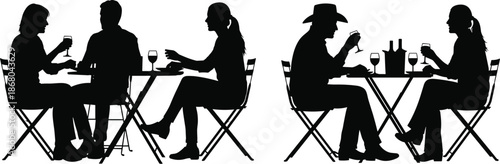 Couple drinking wine, silhouette, black vector, social interaction, table conversation, romantic moment, graphic, illustration, leisure, outdoor diningCouple drinking wine, silhouette, black vector