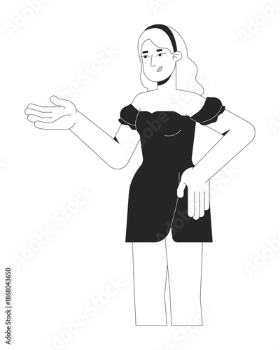 Blonde woman in black dress gesturing explanation 2D line character. Beautiful girl presenting. Female explaining showing hand isolated vector ink outline person. Monochromatic spot illustration