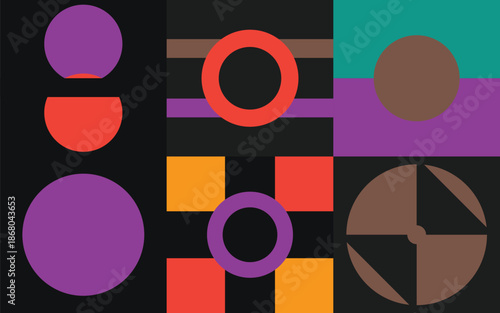 Dark Moody Geometric Composition with Purple and Orange Round Shapes