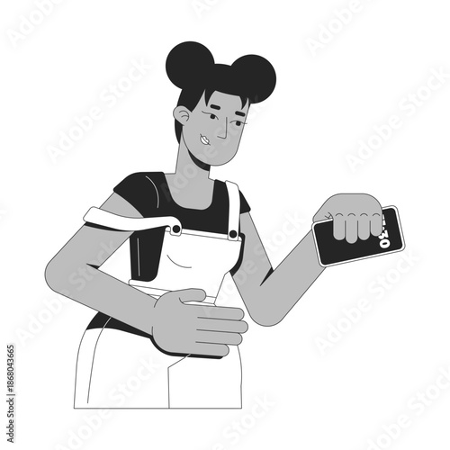 Young black woman in overalls putting smartphone away 2D line character. African american girl holding mobile phone in grip isolated vector ink outline person. Monochromatic spot illustration