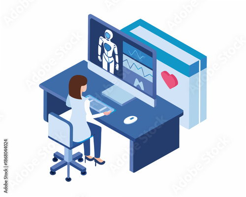 Female doctor analyzing robot patient data on computer screen in modern office