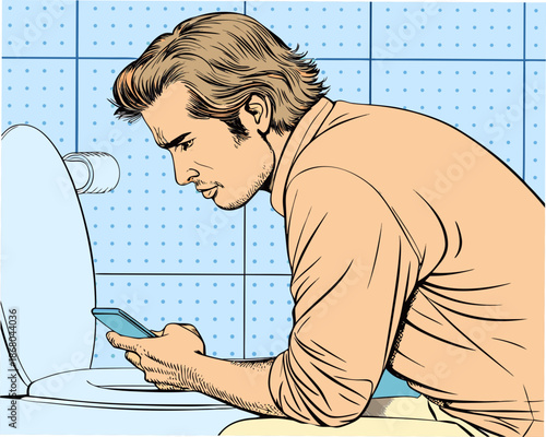 Man distracted by phone on toilet in modern bathroom