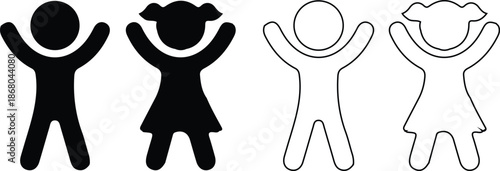 children girl boy black black line icons set vector illustration silhouette design art