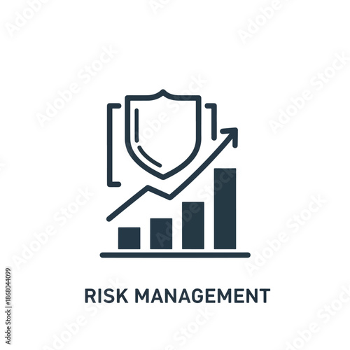 A simple line icon depicting a shield with a rising graph and bar chart, symbolizing risk management in a fintech context. Perfect for corporate, investment, and bank presentations.