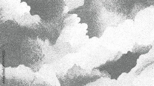 Stippled of dramatic clouds in grayscale, showcasing textured formations and atmospheric depth with a contrast between light and shadow