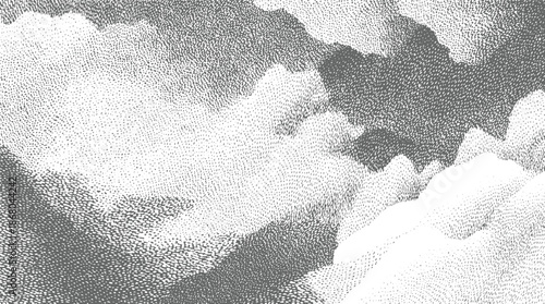 Detailed stippled of cloudy sky formations in grayscale, with varying dot density creating a sense of volume and ethereal atmosphere