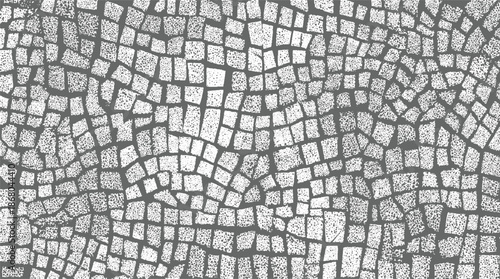 Mosaic pattern of small irregular squares with textured dots creating a detailed and organic tiled surface background in grey and white