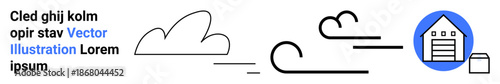 Logistics, storage solutions, shipment tracking, distribution, warehouse management, supply chain. A cloud, dynamic movement lines and a warehouse icon. Logistics and storage solutions