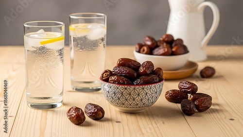 Refreshing date fruit and glasses of water on a wooden table.