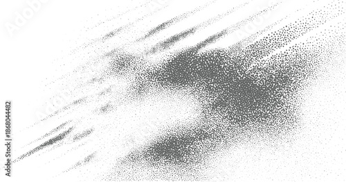 Dynamic stippled abstract pattern with diagonal lines of grey dots on a white background evoking a sense of speed motion or streaking light effects