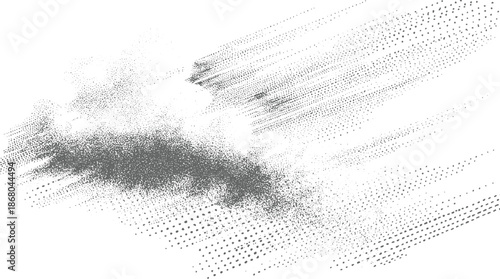Complex stippled abstract composition featuring a dense cluster of grey dots expanding outwards on a white canvas suggesting explosion or data flow
