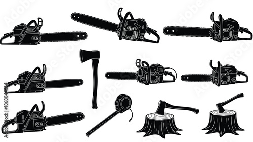 A collection of forestry tools in a striking black silhouette