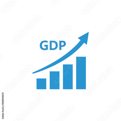 A blue GDP bar graph with an upward arrow, symbolizing economic growth and increasing financial performance. Perfect for fintech, corporate reports, and investment presentations.