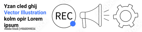 Recording icon, megaphone, and gear combined reflect communication, broadcasting, media, and technology. Ideal for content creation, podcasting, marketing collaboration audio production workflow