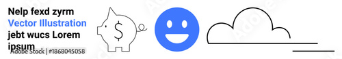 Finance, emotions, technology, cloud storage, digital economy, online resources. Minimalist piggy bank, smiling face and cloud icons. Finance and emotions in simple s
